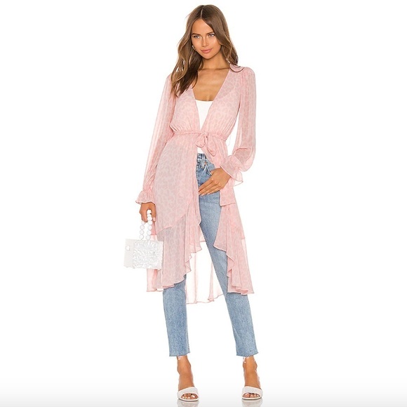 LPA pink leopard chiffon ruffle wrap duster dress - size small - Picture 2 of 12